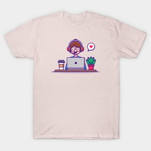 Woman Customer Service working on Laptop with Headphone T-Shirt